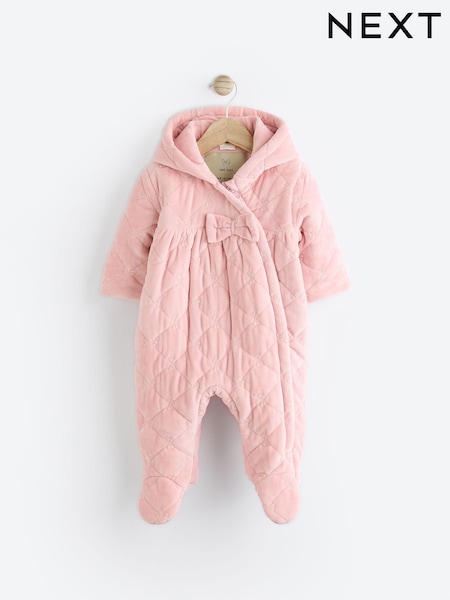 Pink Velour Quilted Fleece Lined Hooded Baby All-In-One Pramsuit (0mths-2yrs) (K91452) | €14 - €15