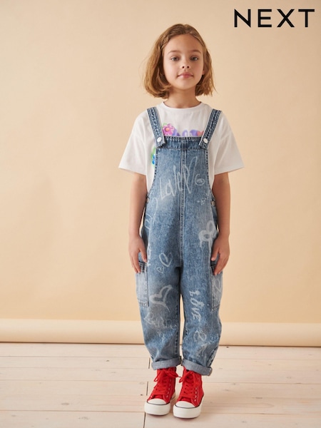 Mid Blue 100% Cotton Graffiti Dungarees (3-16yrs) (K91501) | €23 - €28