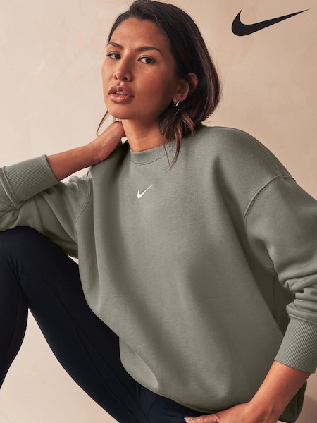 Nike Khaki Green Phoenix Fleece Oversized Mini Swoosh Crew Neck Sweatshirt (K91504) | €37