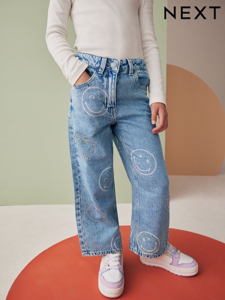 Mid Blue Denim SmileyWorld® Wide Leg 100% Cotton Jeans (3-16yrs) (K91542) | 124 QAR - 148 QAR