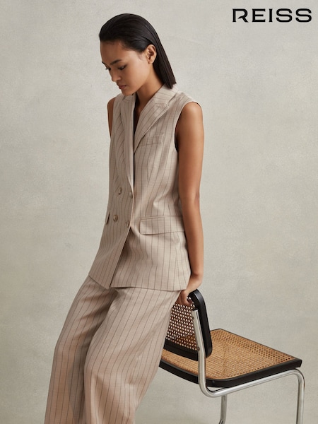 Reiss Neutral Odette Wool Blend Striped Double Breasted Waistcoat (K92227) | €301