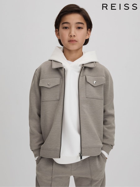 Reiss Taupe Medina Interlock Jersey Zip-Through Jacket (K92230) | AED288