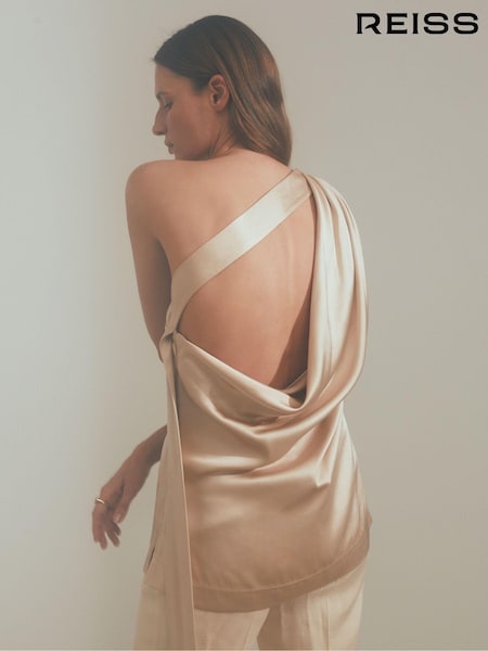 Reiss Blush Etta Atelier One-Shoulder Drape Back Top With Linen (K92292) | 2,168 QAR