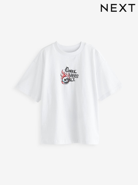 White Ghoul Vibes Oversized Fit 100% Cotton Short Sleeve Graphic T-Shirt (3-16yrs) (K92471) | €5 - €7