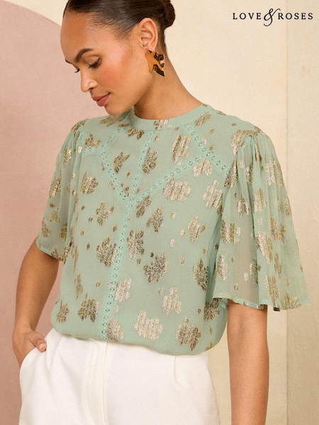 Love & Roses Green Metallic High Neck Flutter Sleeves Top (K92899) | €23