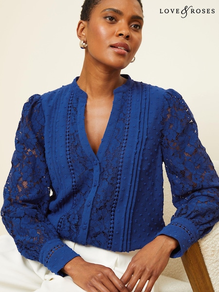 Синий кобальт - Love & Roses Lace Long Sleeve Button Front V Neck Blouse (K92941) | €30