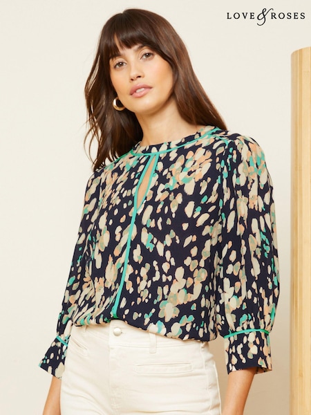 Love & Roses Navy Blue Printed Tipped 3/4 Sleeve Keyhole Blouse (K92946) | €24