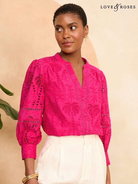 Love & Roses Broderie V Neck Button Through Blouse (K92948) | 139 LEI