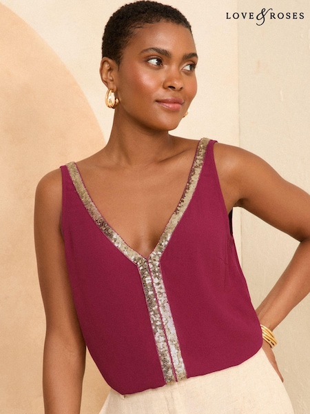 Пурпурный - Love & Roses Trim Detail V Neck Vest Top (K92961) | €9