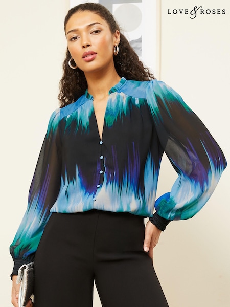Love & Roses Blue Ombre Printed V Neck Puff Sleeve Blouse (K92962) | € 18
