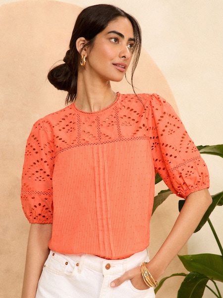 Love & Roses Broderie Yoke Puff Sleeve Blouse (K92967) | 129 LEI