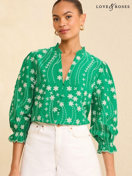 Grün - Love & Roses Embroidered V Neck 3/4 Sleeve Blouse (K92973) | 24 €