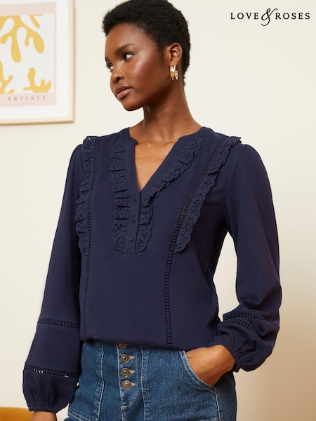 Love & Roses Navy Blue Broderie Trim Lace insert V Neck Jersey Top (K92984) | €17