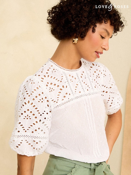 Love & Roses Broderie Yoke Puff Sleeve Blouse (K92988) | 187 LEI