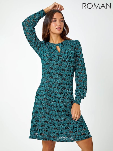 Roman Blue Stretch Lace Sparkle Swing Dress (K93077) | €31