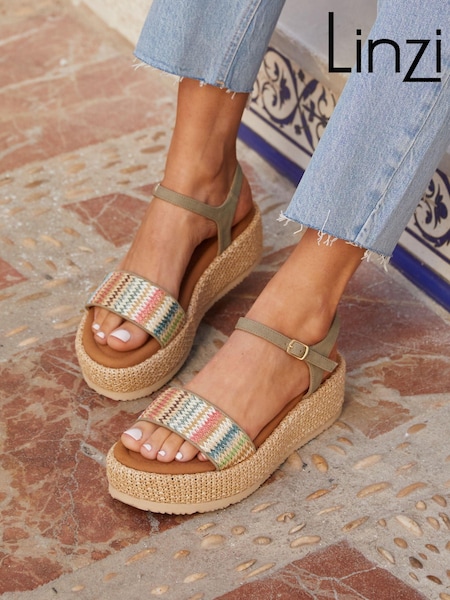 Linzi Green Sage Two-Tone Raffia Upper with Weaved Flatform Sandals (K93151) | €15