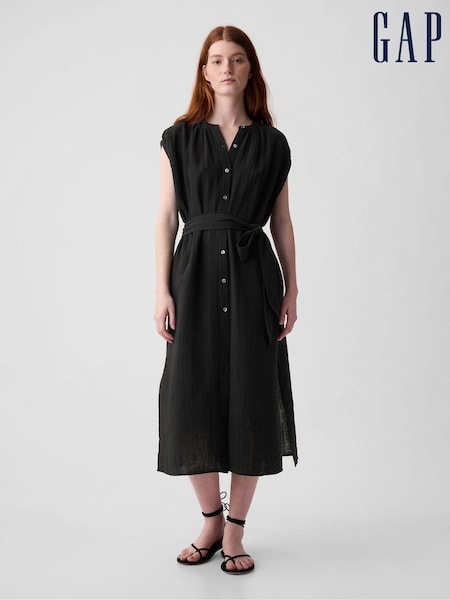 Gap Black Crinkle Cotton Belted Midi Shirt Dress (K93363) | €25