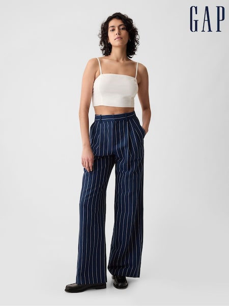 Gap Navy Blue Pinstripe High Waisted Linen Cotton Trousers (K93406) | €41