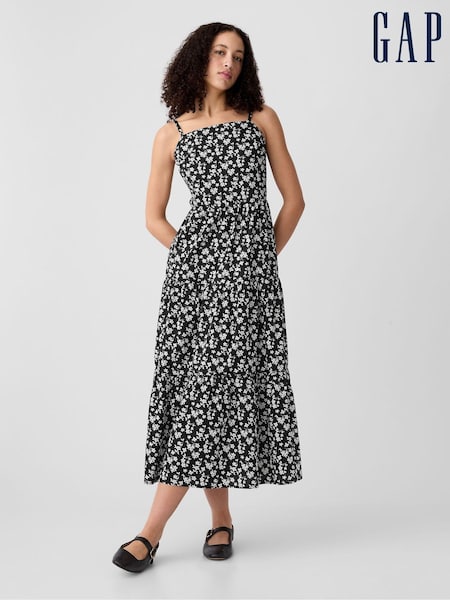 Gap Black Floral Floral Cotton Tiered Strappy Midi Dress (K93427) | €31