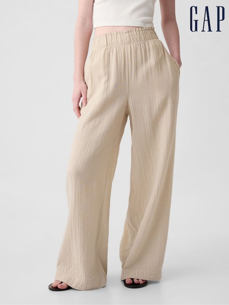 Gap Beige Crinkle Cotton Wide Leg Pull On Trouser (K93452) | €27