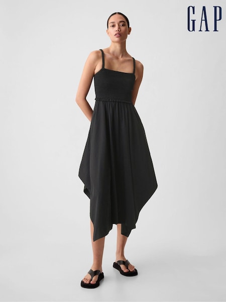 Gap Black Smocked Handkerchief Hem Midi Dress (K93465) | €34