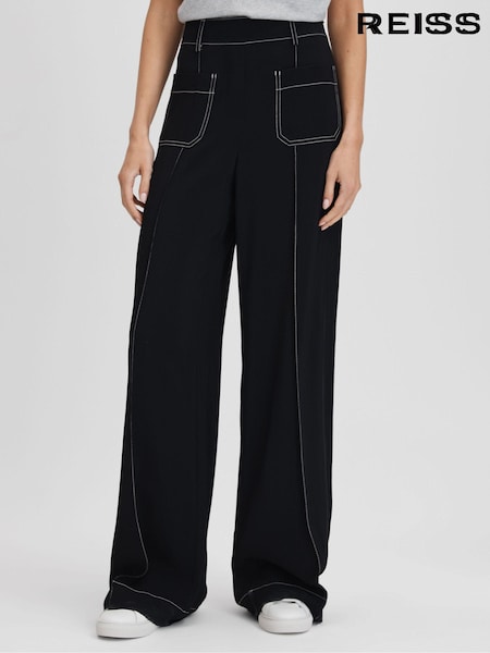 Negro - Reiss Kylie Contrast Stitch Wide Leg Trousers (K93671) | 245 €