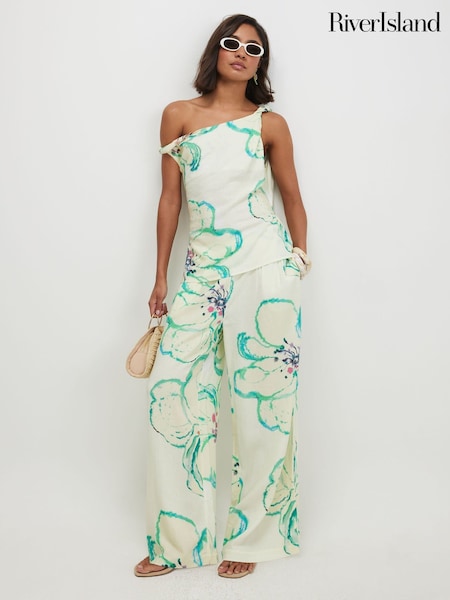 Zaļš - River Island Linen Blend Printed Wide Leg Trousers
