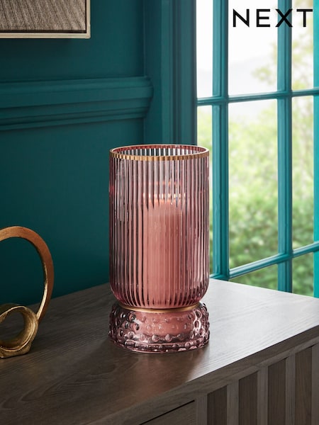 Pink Ribbed Glass Hurricane Candle Holder Medium (K94107) | €20