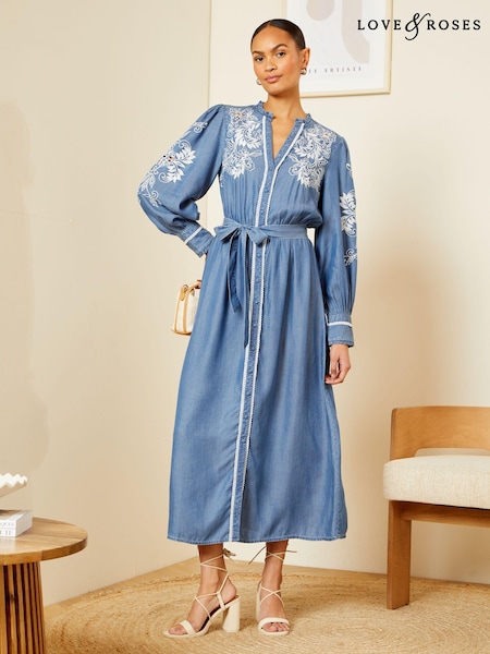 Love & Roses Embroidered TENCEL™ Belted Midi Shirt Dress (K94139) | €98