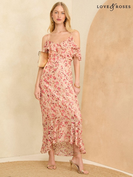 Love & Roses Pink Printed Cold Shoulder Midaxi Dress (K94141) | €53