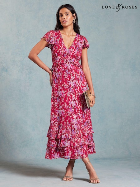 Красный с цветочным принтом металлик - Love & Roses Ruffle Detail Cap Sleeve Midi Dress (K94142) | €27