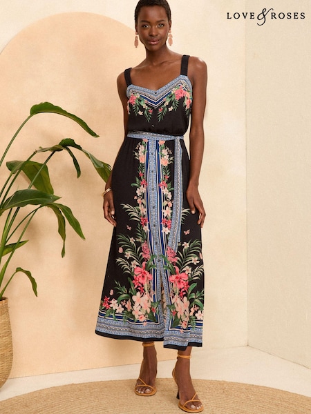 Love & Roses Border Printed Cami Summer Midi Dress (K94144) | 204 LEI
