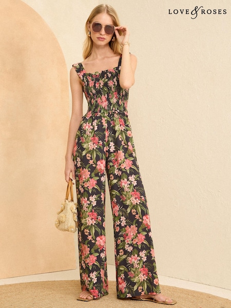 Love & Roses Printed Shirred Cami Wide Leg Jumpsuit (K94145) | 150 LEI