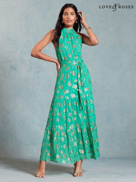 Зеленый металлик - Love & Roses Halterneck Belted Ruffle Maxi Dress (K94149) | €21