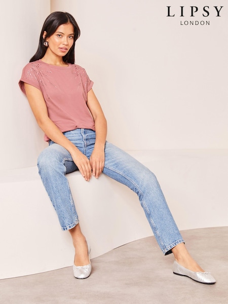 Lipsy Pink Scatter Round Neck Embellished T-Shirt (K94155) | €17.50