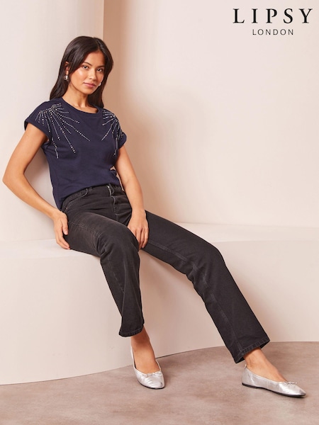 Темно-синий с принтом - Lipsy Round Neck Embellished T-Shirt (K94156) | €7