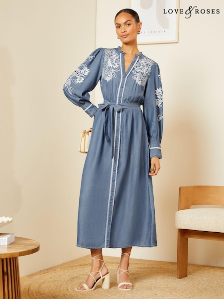 Love & Roses Embroidered TENCEL™ Belted Midi Shirt Dress (K94169) | 222 LEI