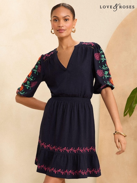 Love & Roses Embroidered Puff Sleeve Jersey Skater Mini Dress (K94177) | 184 LEI