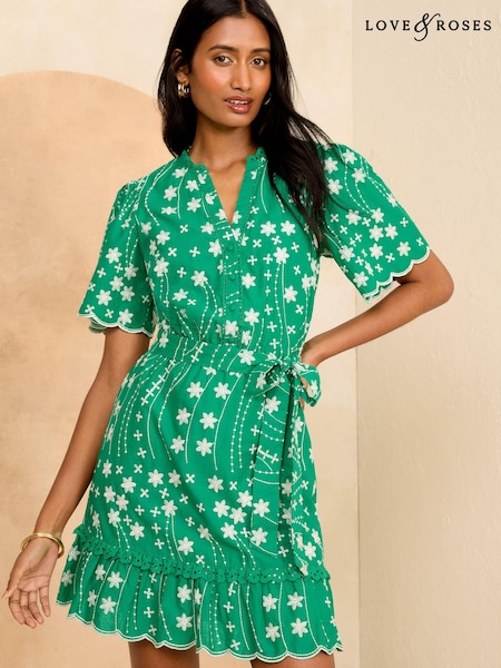 Love & Roses Embroidered V Neck Belted Mini Dress (K94187) | 207 LEI