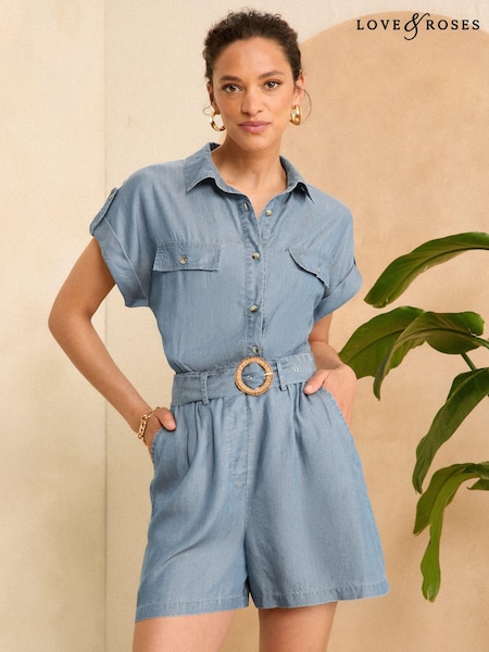 Love & Roses TENCEL™ Button Through Roll Sleeve Playsuit (K94190) | 192 LEI