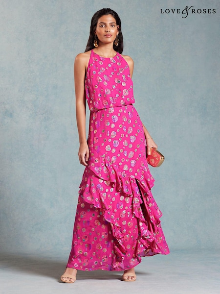 Розовый металлик - Love & Roses Halterneck Ruffle Detail Maxi Dress (K94194) | €42