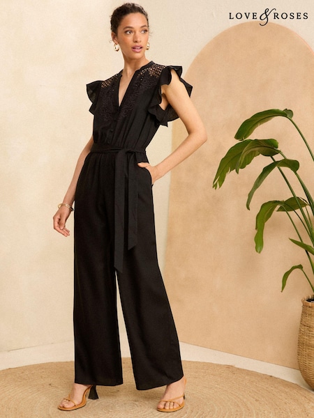 Love & Roses Cutwork Flutter Sleeve Jumpsuit With Linen (K94213) | 200 LEI