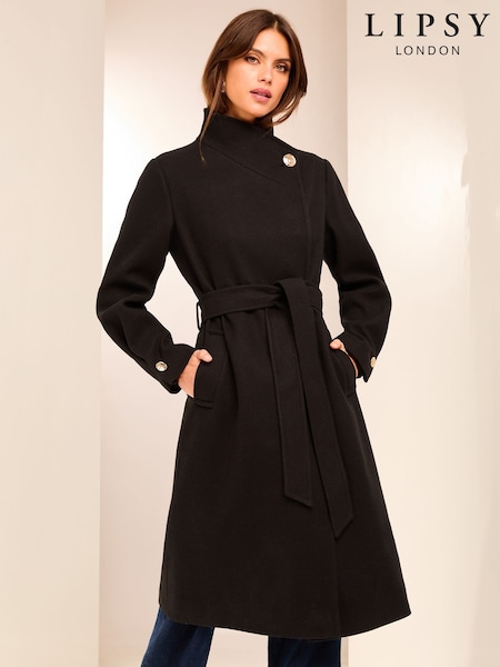 Schwarz - Lipsy Funnel Neck Wrap Belted Coat With Wool (K94220) | CHF 146