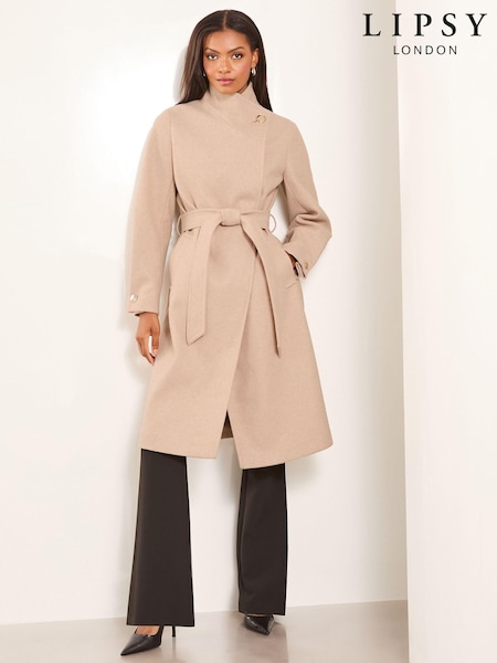 Lipsy Camel Funnel Neck Wrap Belted Coat With Wool (K94221) | €69