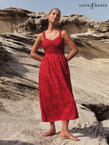 Roșu - Rochie midi din bumbac cu corset și tiv Dantelă Love & Roses (K94226) | 243 LEI