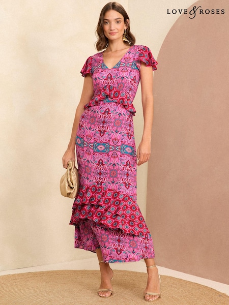 Love & Roses Ruffle Detail Cap Sleeve Midi Dress (K94232) | €37