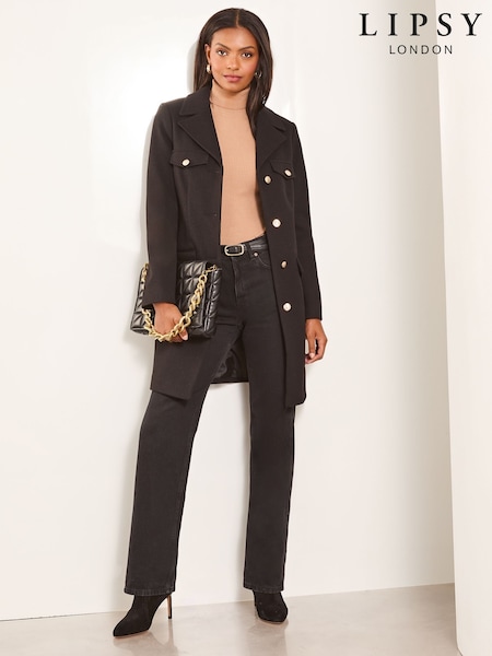 Lipsy Black Military Button Through Belted Coat (K94233) | INR 9,742