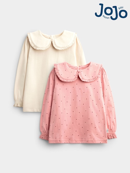 Rose Pink Spot - Jojo Maman Bébé 2-pack Long Sleeve Frill Collar Tops