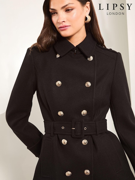 Lipsy Black Short Belted Military Coat With Wool (K94496) | $77