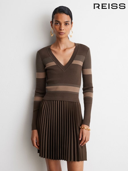 Chocolate Brown - Reiss Carly Striped Knit Mix Pleated Mini Dress